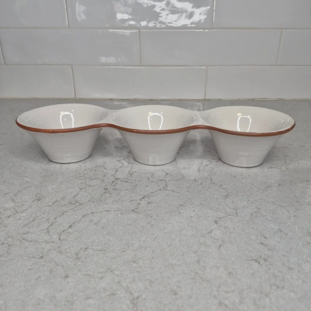 Pottery Barn Triple Condiment Server Sienna White Terracotta Trim